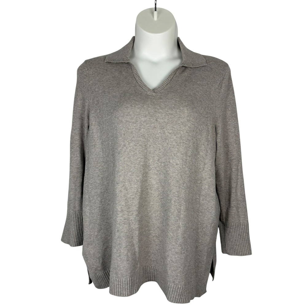 J. Jill Pure Jill Sweater Womens 2X Light Gray Polo Collar V-Neck Knit Tunic